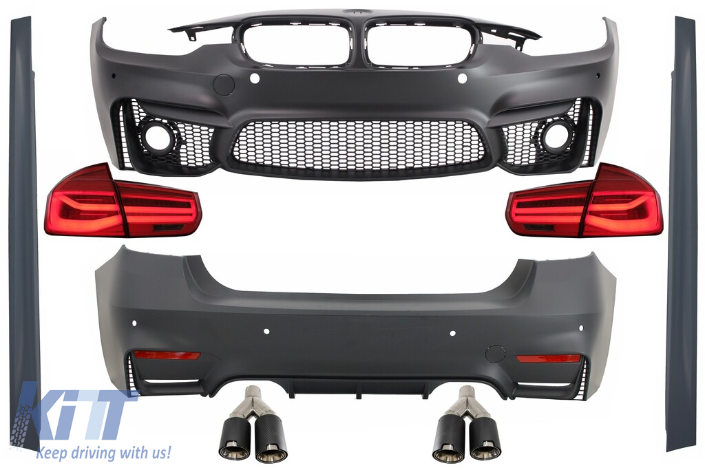 Body Kit suitable for BMW 3 Series F30 (2011-2019) with LED Taillights Dynamic Sequential Turning Light and Dual Twin Exhaust Muffler Tips Carbon