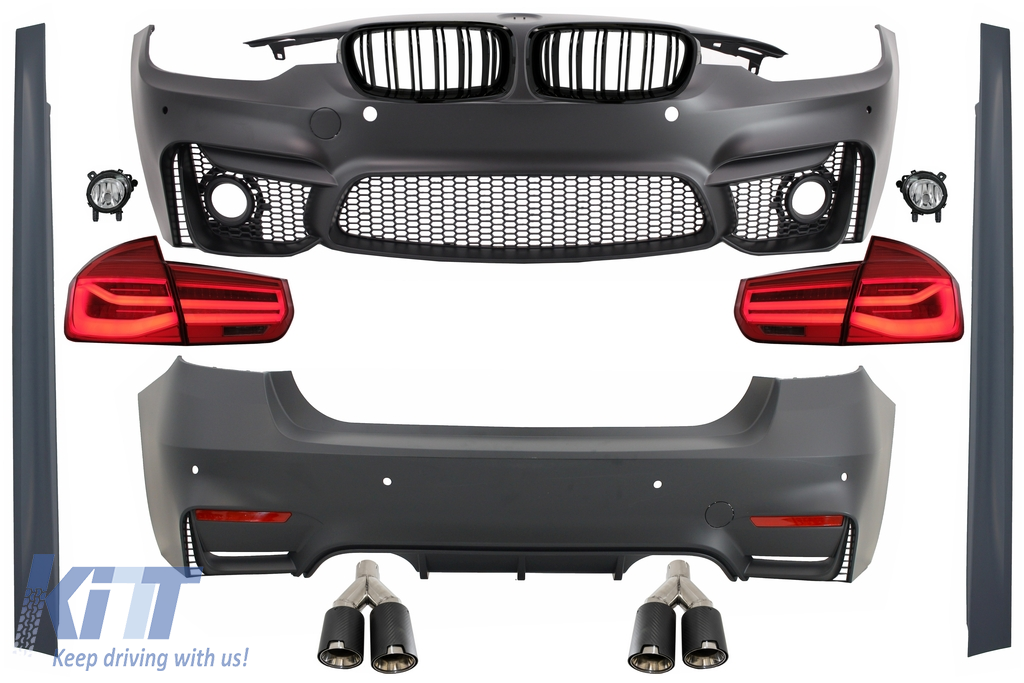 Complete Body Kit suitable for BMW 3 Series F30 (2011-2019) with LED Taillights Dynamic Sequential Turning Light and Exhaust Muffler Tips Carbon