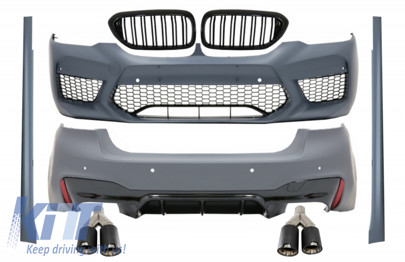 Complete Body Kit suitable for BMW 5 Series G30 (2017-up) with Central Grilles Double Stripe and Dual Twin Exhaust Muffler Tips Carbon Fiber Matte M5 Design