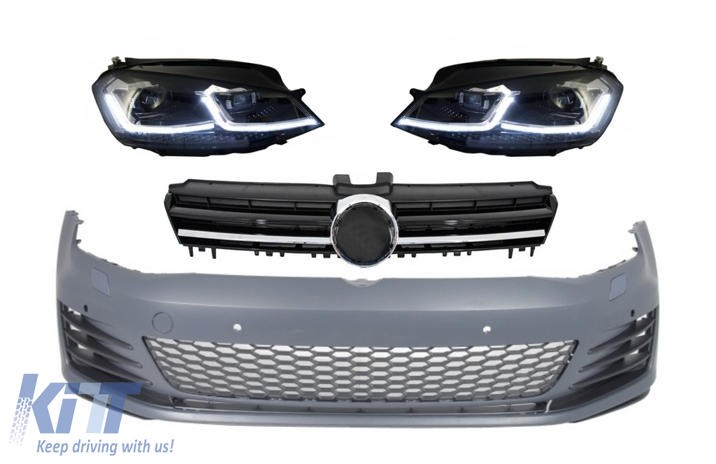 Front Bumper with LED Headlights Sequential Dynamic Turning Lights and Grille Chrome Insertions suitable for VW Golf VII 7 5G (2013-2017) GTI Look