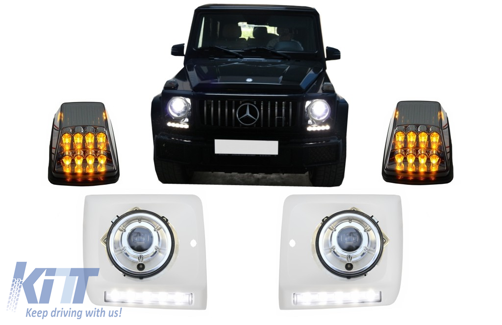 Headlights Covers with LED DRL Daytime Running Lights suitable for MERCEDES G-Class W463 (1989-up) with Headlights Chrome and Turning Lights G65 Design