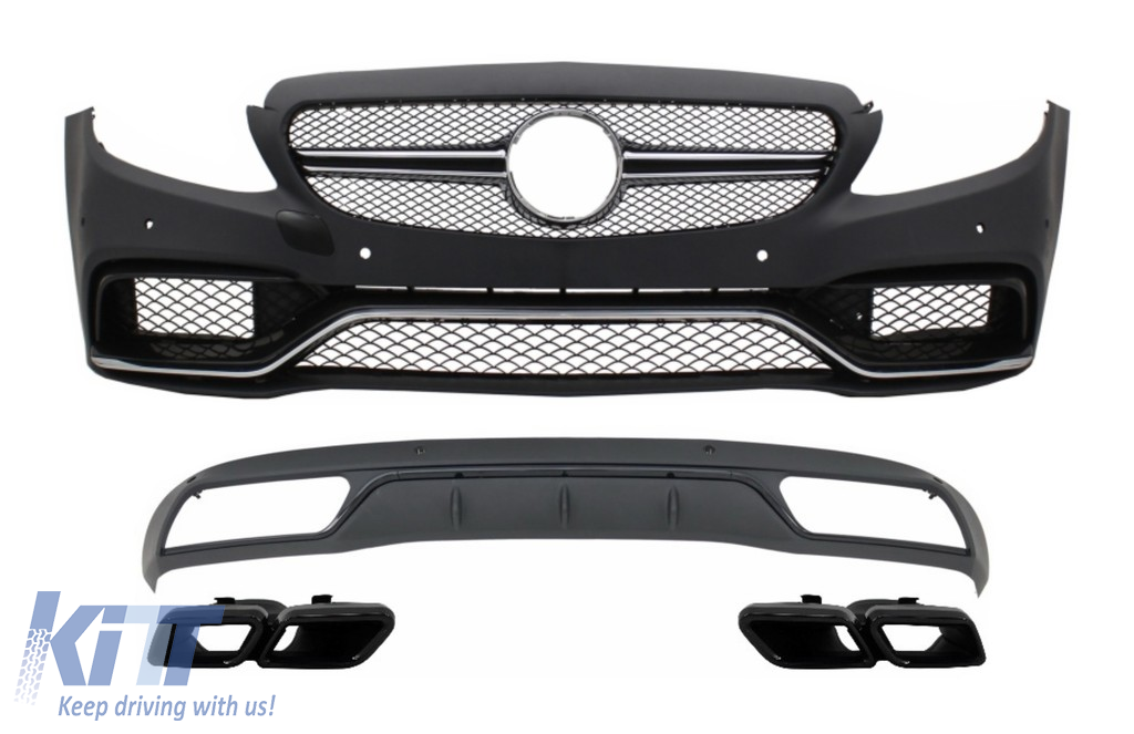 Front Bumper & Diffuser with Muffler Tips Black suitable for Mercedes C-Class W205 S205 (2014-2018) C63 Design