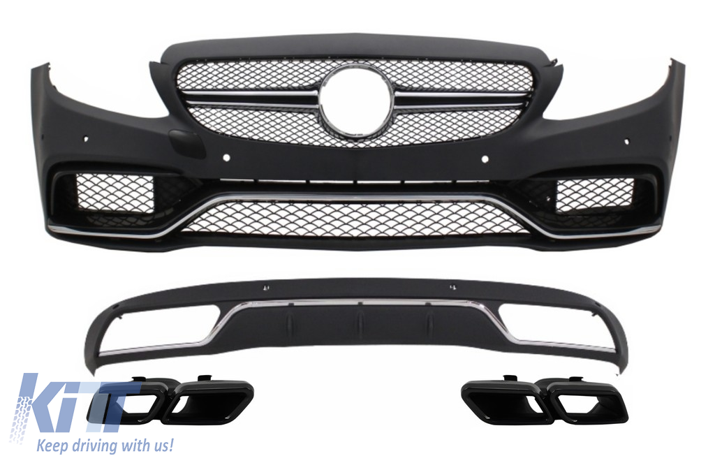 Front Bumper & Diffuser with Muffler Tips Black suitable for Mercedes C-Class W205 S205 (2014-2018) C63 Design