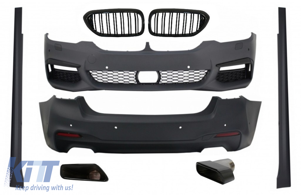 Complete Body Kit with Central Kidney Grilles Piano Black Double Stripe and Exhaust Muffler Tips suitable for BMW 5 Series G30 (2017-up) M-Tech Design