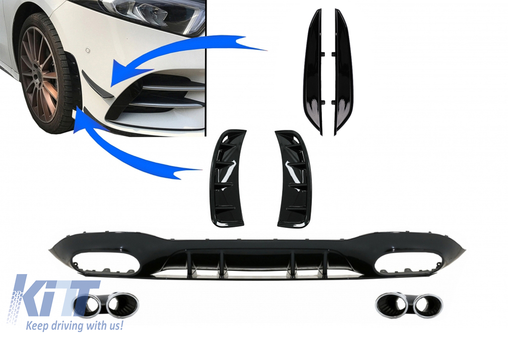 Rear Diffuser with Front Side Vents and Flaps Side Fins suitable for Mercedes A-Class V177 Sedan (2018-up) Chrome Exhaust