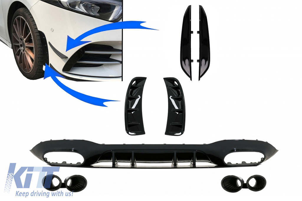Rear Diffuser with  Front Side Vents and Flaps Side Fins suitable for Mercedes A-Class V177 Sedan (2018-up) Black Exhaust