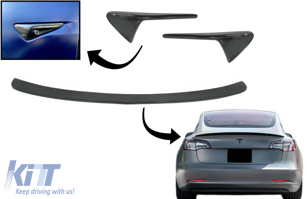 Trunk Spoiler with Turn Signal Covers Side Markers suitable for Tesla Model 3 (2017-up) Real Carbon