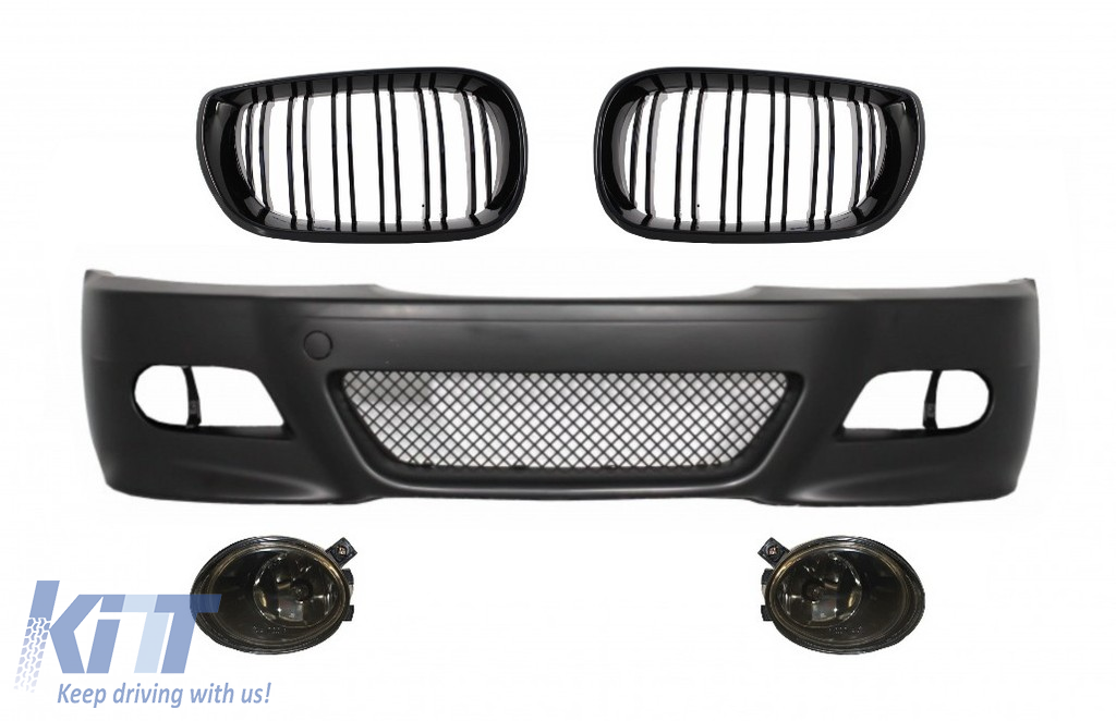 Front Bumper with Fog lights suitable for BMW E46 (98-04) M3 Look and Central Kidney Grilles Double Stripe M Design Piano Black
