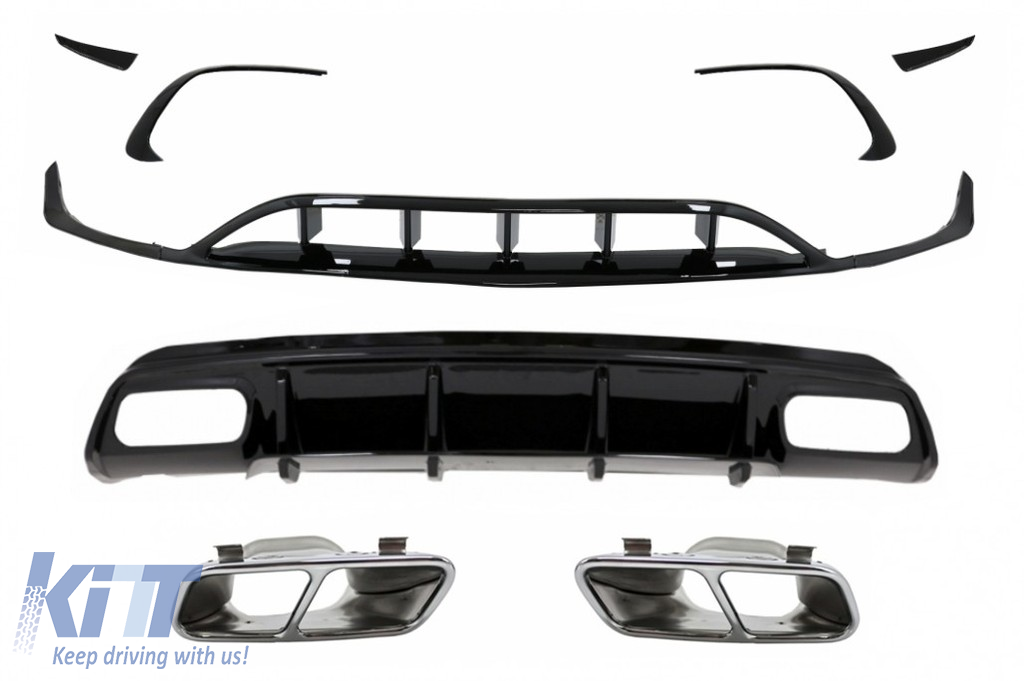 Rear Diffuser Black Edition with Muffler Tips suitable for Mercedes A-Class W176 (2015-2018) and Front Bumper Splitters Fins Aero A45 Facelift Design