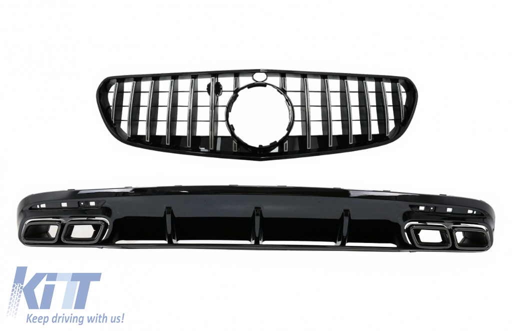 Rear Bumper Air Diffuser with Black Muffler Tips suitable for Mercedes S-Class C217 Coupe (2018-2020) and Central Grille S63 Facelift Design