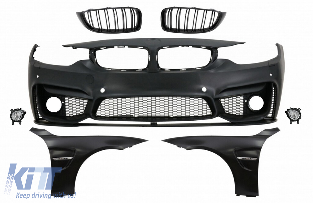 Front Bumper with Grilles Piano Black and Front Fenders suitable for BMW 4 Series F32 Coupe F33 Convertible F36 Gran Coupe (2013-02.2017) M4 Design
