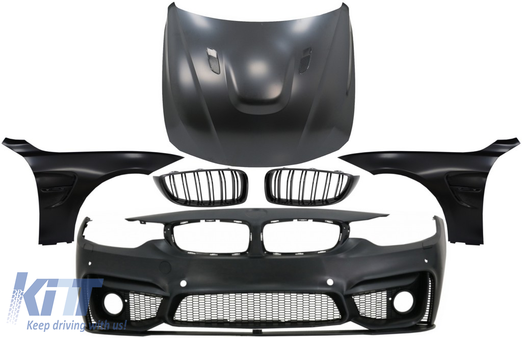 Front Bumper with Grilles and Front Fenders & Hood Bonnet suitable for BMW 4 Series F32 Coupe F33 Convertible F36 Gran Coupe (2013-2017) M4 Design Black