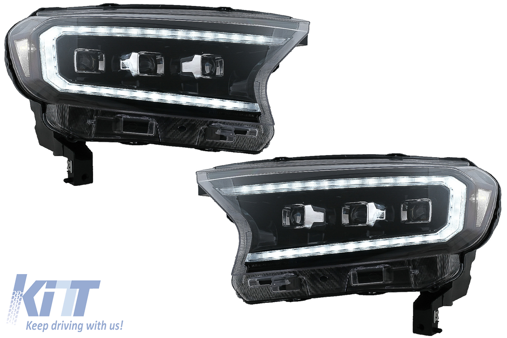 Headlights LED Light Bar Dynamic Start-up Display suitable for Ford Ranger Raptor (2015-2020) LHD Full Black Housing with Sequential Dynamic Turning Lights Matrix Projector