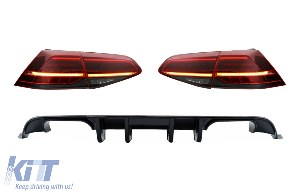 Rear Bumper Air Diffuser with Full LED Taillights Dynamic Sequential Turning Lights Dark Cherry Red suitable for VW Golf 7.5 (2017-2019) R Look