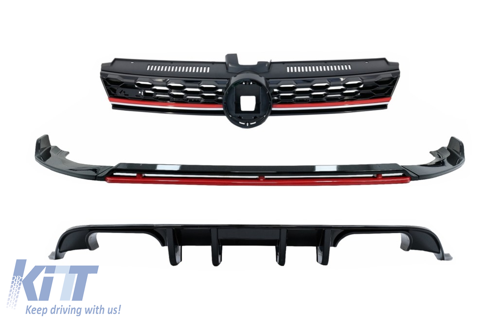 Front Bumper Lip Extension Spoiler with Central Badgeless Grille and Rear Diffuser suitable for VW Golf 7.5 Facelift (2017-2020) Piano Black & Red