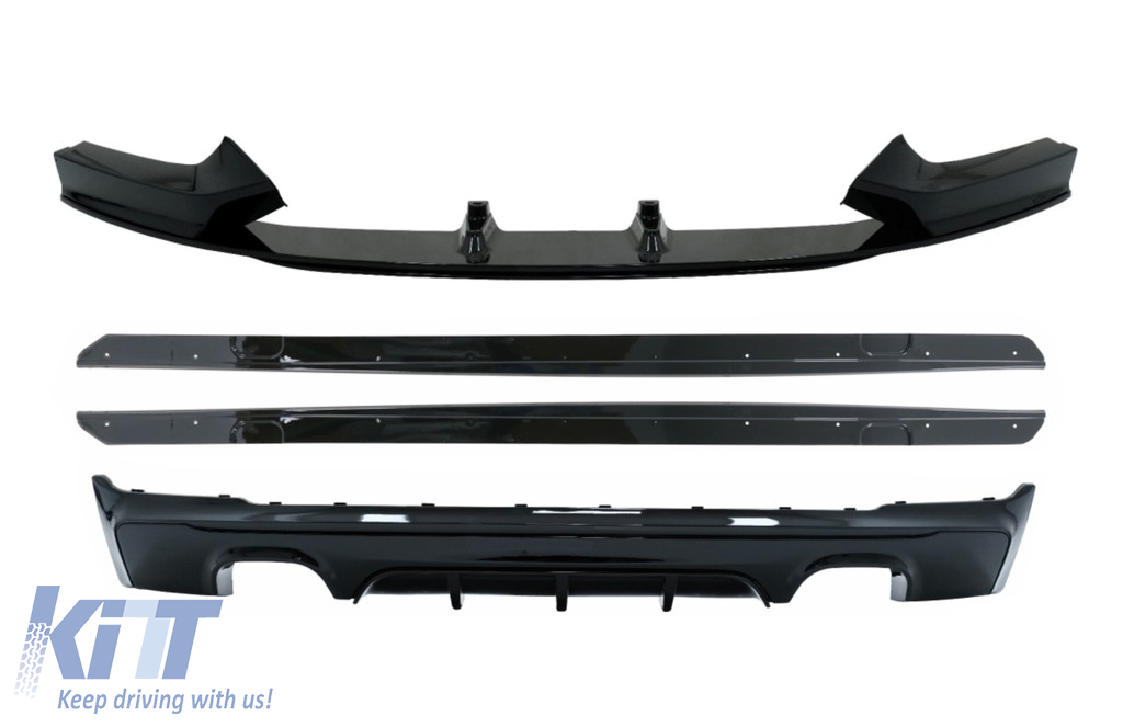 Rear Diffuser Double Outlet with Front Spoiler Lip and Side Skirts Add-on Lip Extensions suitable for BMW 2 Series F22 F23 (2013-) M Performance Design Piano Black