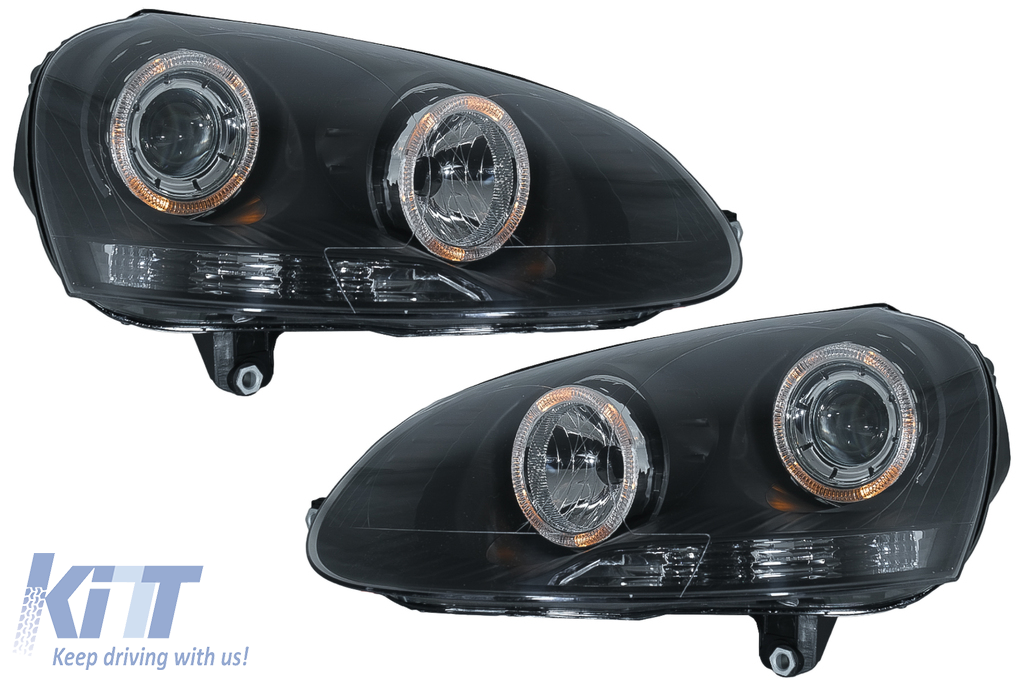 Headlights Angel Eyes Dual Halo Rims suitable for VW Golf 5 V (2003-2007) LHD or RHD Black