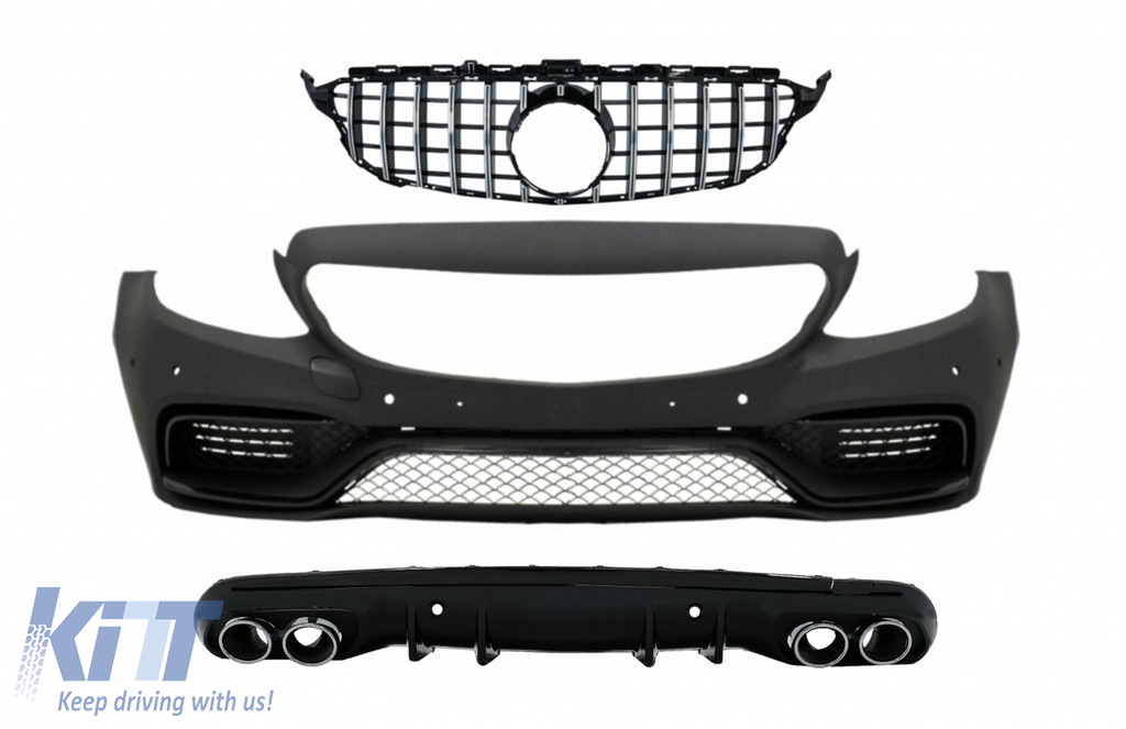 Front Bumper with Grille Chrome Without Camera and Diffuser & Exhaust Muffler Tips suitable for MERCEDES C-Class W205 S205 (2014-2018) C63 Design