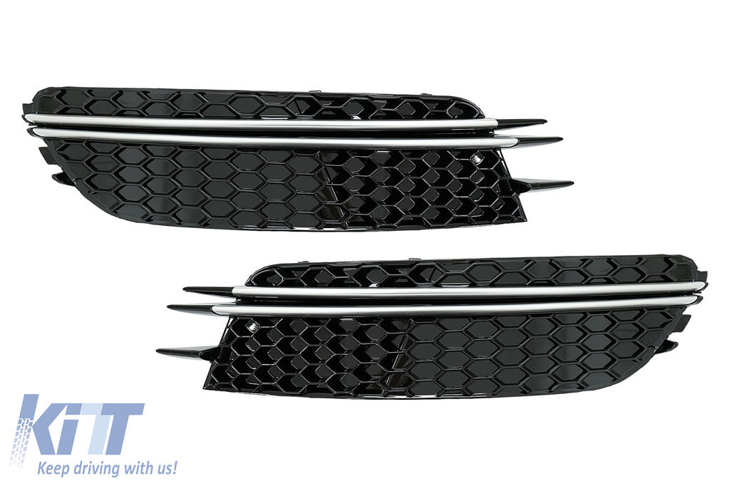 Bumper Side Grilles Covers suitable for Audi A6 C7 4G (2012-2015) RS Design Black with Brushed Aluminium Insertions