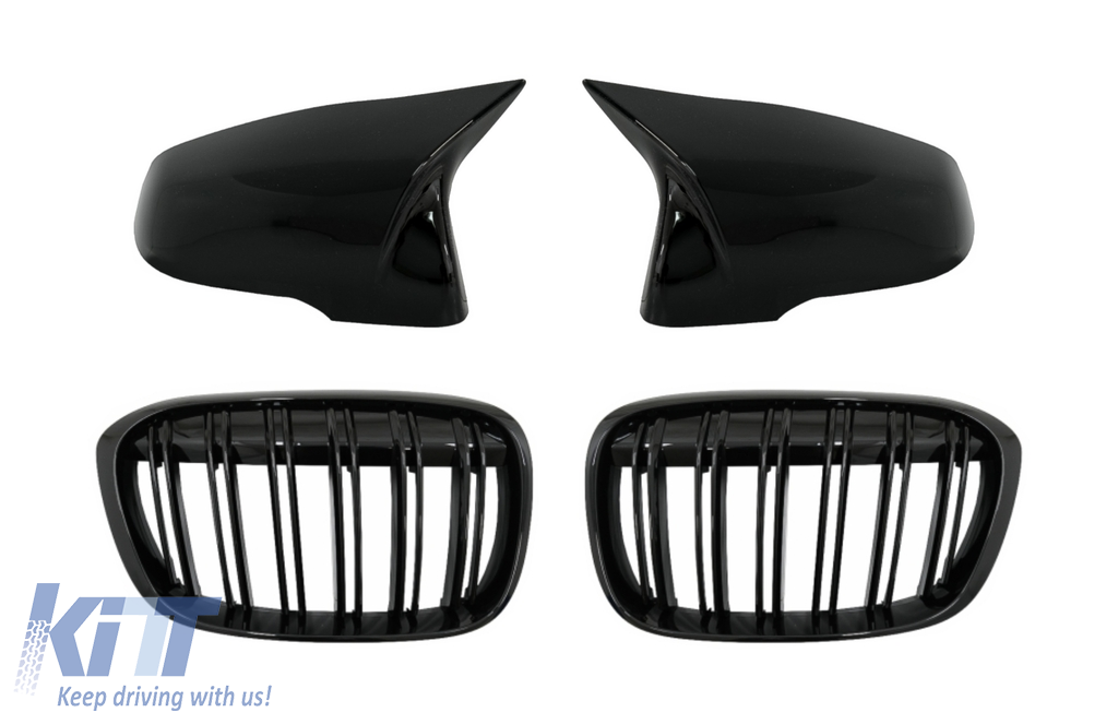 Mirror Covers with Central Kidney Grilles Double Stripe suitable for BMW X1 F48 Pre LCI (06.2015-2019) Piano Black M Design