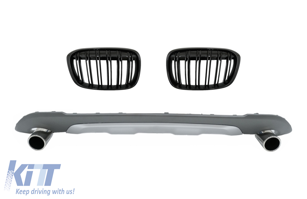 Rear Diffuser & Exhaust Muffler Tips Tailpipe Package and Central Kidney Grilles Double Stripe suitable for BMW X1 SUV F48 (06.2015-2019) M Sport Design