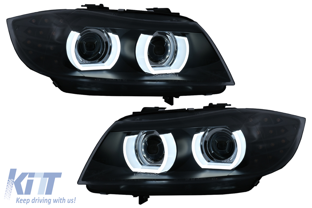 3D Angel Eyes LED DRL Xenon Headlights suitable for BMW 3 Series E90 E91 LCI with AFS (2008-2011) Black