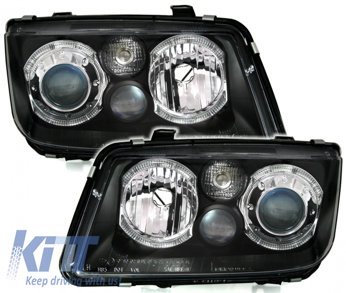 LED Angel Eyes Headlights suitable for VW Bora (09.1998-07.2005) 2 Halo Rims Black