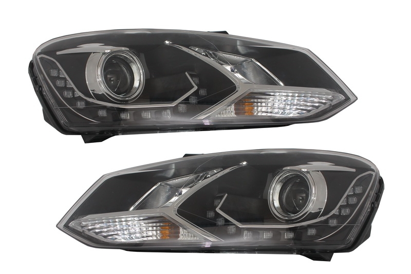 DAYLINE Fényszóró VW Polo 6R 09+ LED DRL Nappali Futólámpák Optikai fekete
