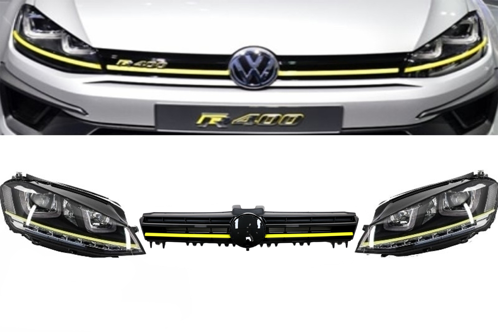 Összeszerelhető fényszórók 3D LED FLOWING Dinamikus szekvenciális irányfény DRL ráccsal, VW Golf 7 VII (2012-2017) sárga R400 megjelenéshez