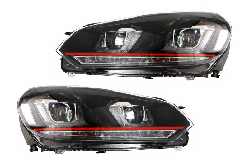 VW Golf 6 VI-hoz (2008-2012) használható fényszórók Golf 7 3D LED DRL U-Design LED Folyó kanyarodó lámpa Piros csíkos GTI