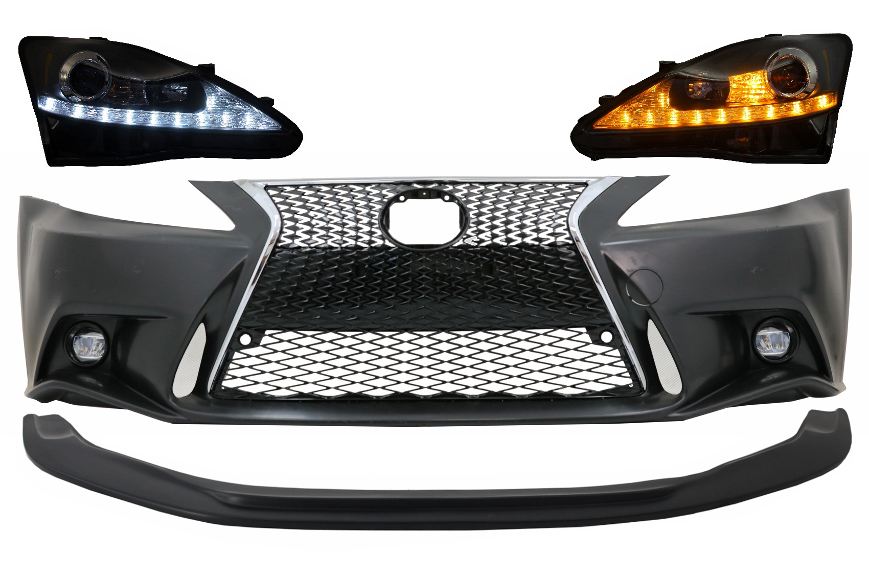 Első lökhárító alsó légterelő ajakkal, Lexus IS XE20 (2006-2013) IS F Sport Facelift XE30 2014-up dizájnnal és LED DRL fényszórókkal, dinamikus irányjelző lámpával
