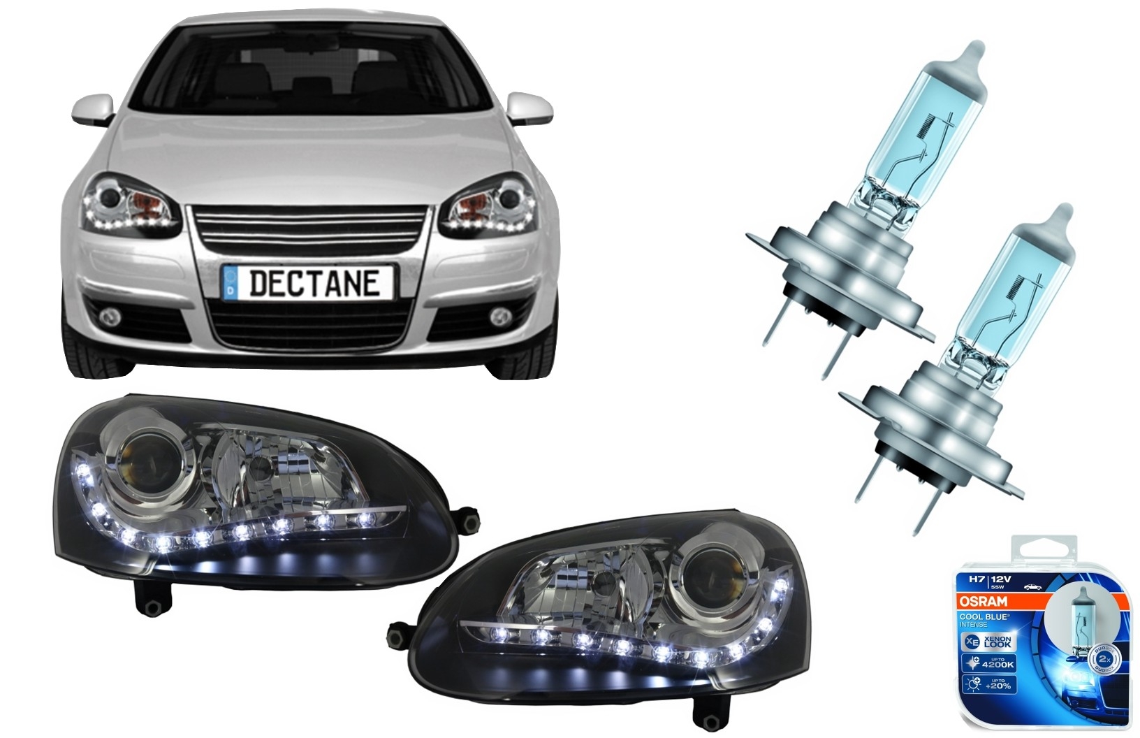 LED DRL fényszórók OSRAM COOL BLUE INTENSE H7 halogén fényszóróval VW Golf V 5 Jetta 5 (2003-2009) fekete kivitelhez