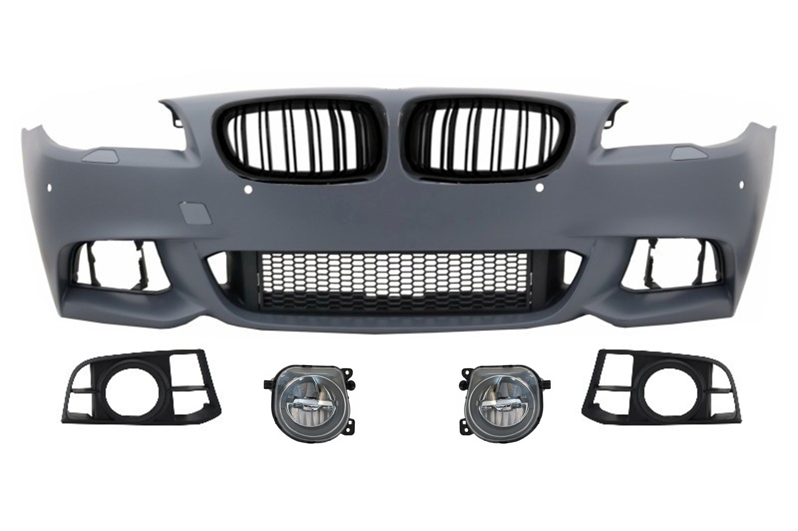 Első lökhárító veserácsokkal, alkalmas BMW 5-ös sorozatú F10 F11 LCI (2015-től felfelé) M-Technik Design LED ködlámpákkal