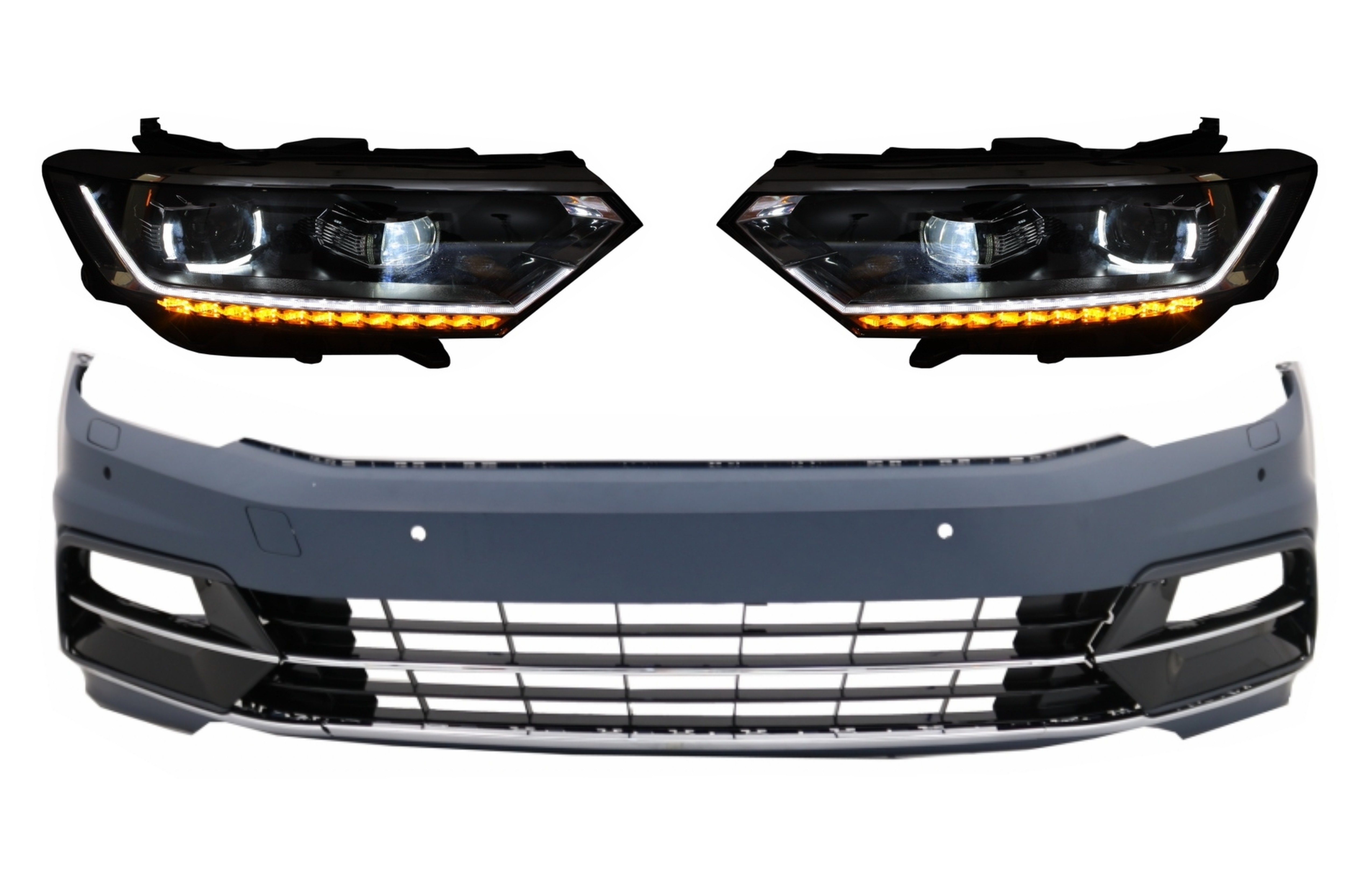 Első lökhárító alkalmas VW Passat B8 3G (2015-2018) R-Line fényszórókkal, LED-mátrix szekvenciális dinamikus iránylámpákkal