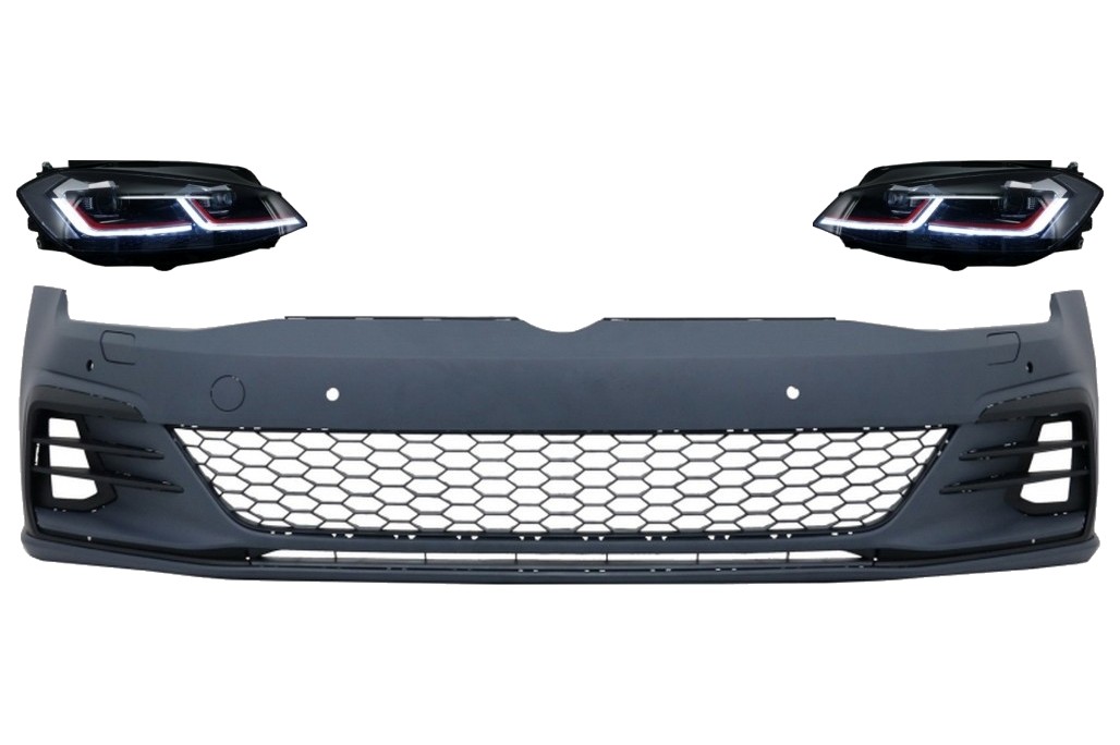 Első lökhárító alkalmas VW Golf VII 7.5 (2017-2020) és LED-es fényszórókhoz, szekvenciális dinamikus kanyarodólámpákhoz, GTI Look