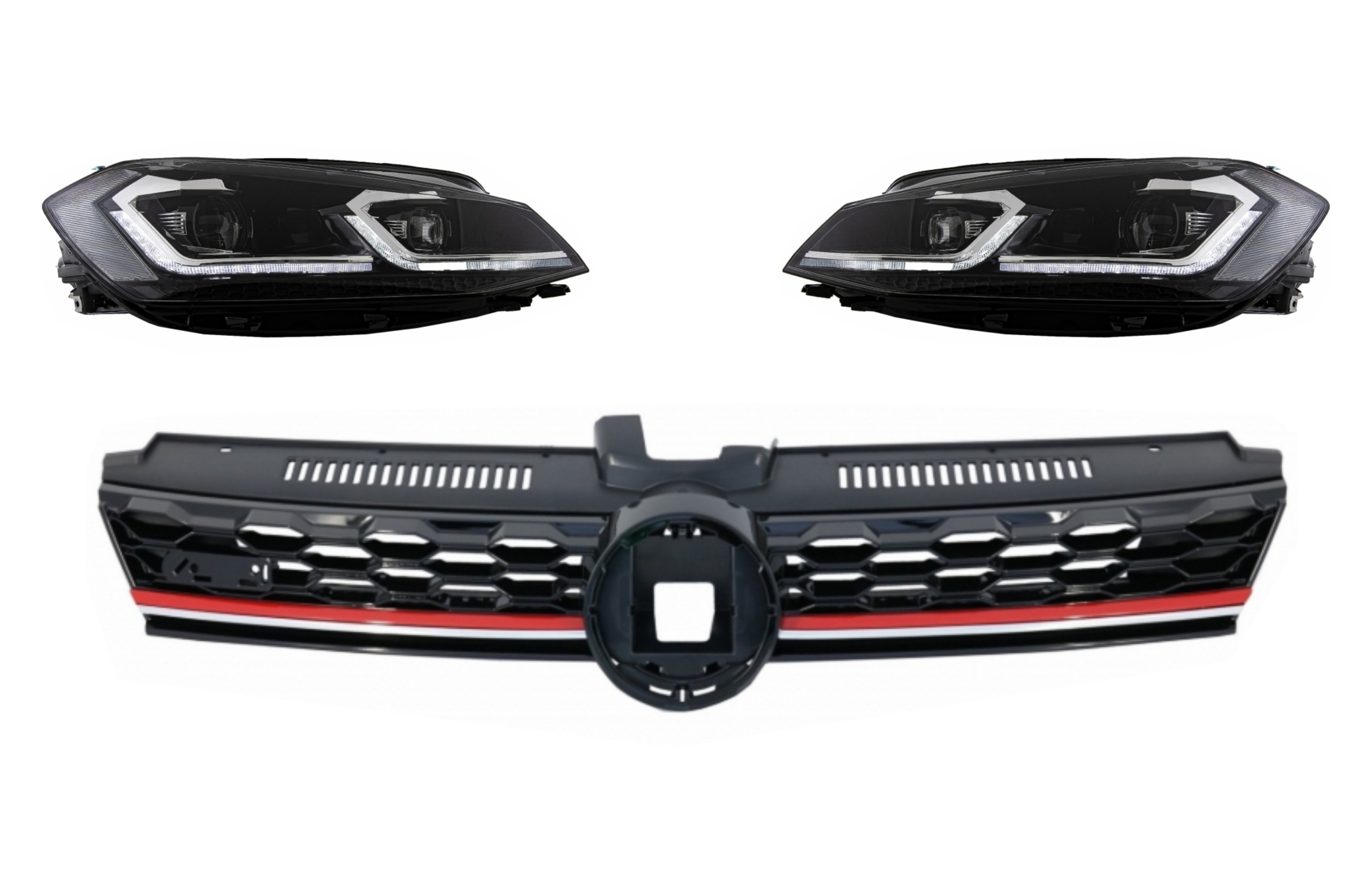 Központi jelvény nélküli hűtőrács, amely alkalmas VW Golf 7.5 VII Facelifthez (2017-től) LED-es fényszórókkal, szekvenciális dinamikus kanyarodólámpákkal, GTI Design