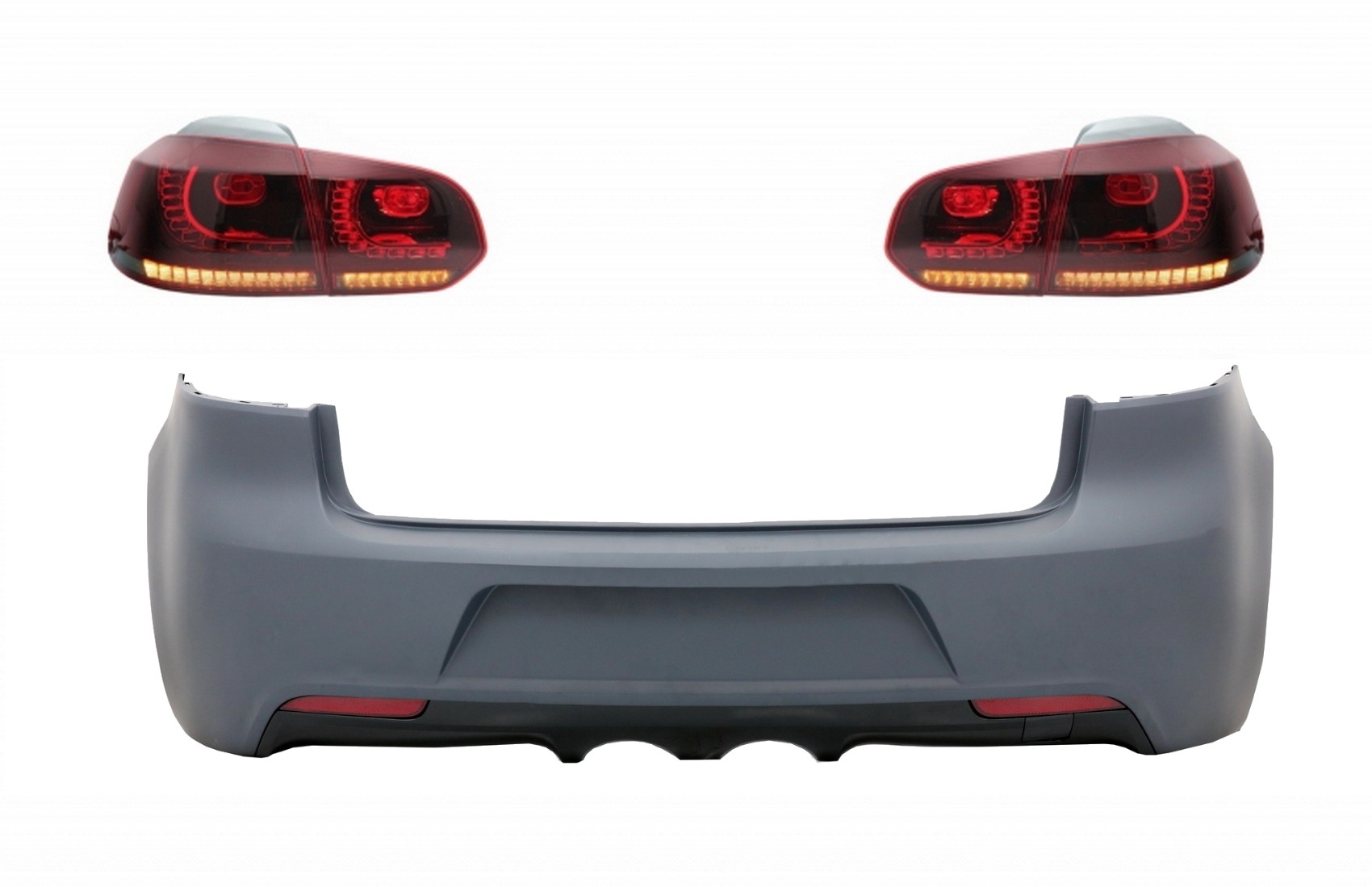 Hátsó lökhárító és hátsó lámpák teljes LED-es irányfény, statikus piros füst, alkalmas VW Golf VI (2008-2013) R20 Designhoz