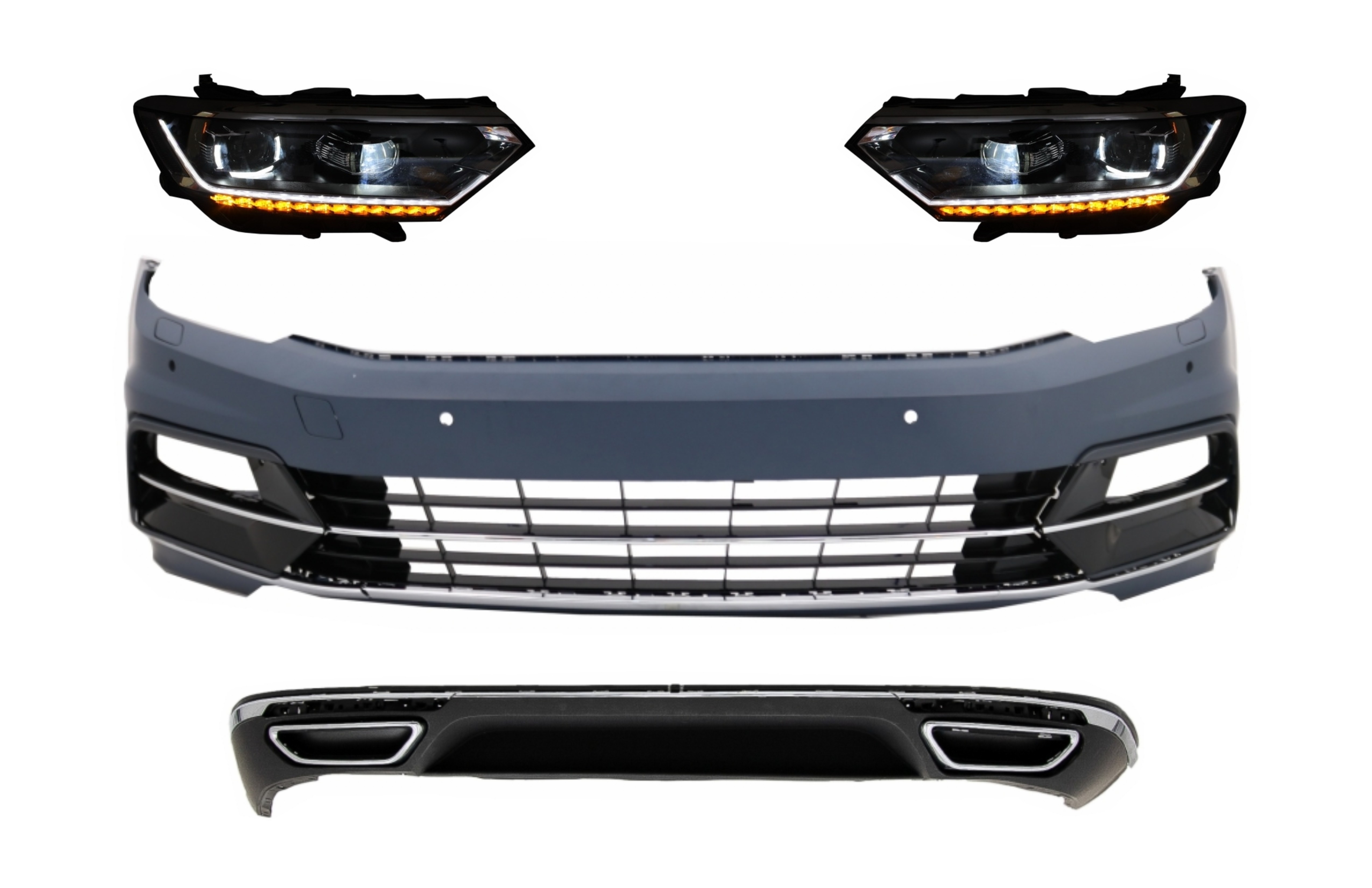 Első lökhárító fényszórókkal és hátsó lökhárító-befúvóval VW Passat B8 3G (2015-2018) R-Line Designhoz