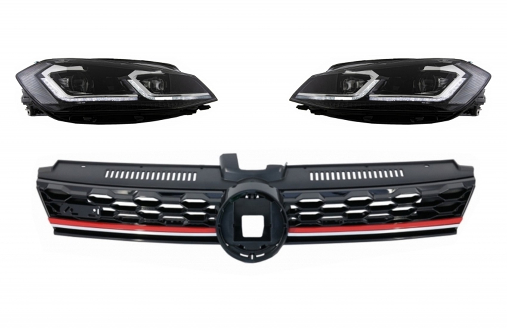 A központi jelvény nélküli hűtőrács VW Golf 7.5 VII Facelifthez (2017-től felfelé) LED-es fényszórókkal, Bi-Xenon szekvenciális dinamikus kanyarodólámpákkal, GTI Design