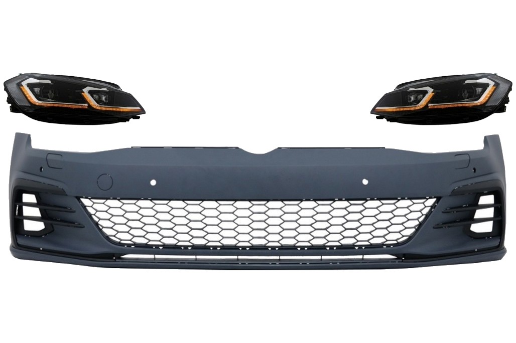Első lökhárító alkalmas VW Golf VII 7.5 (2017-fel) és LED-es fényszórókhoz, Bi-Xenon szekvenciális dinamikus iránylámpákhoz GTI Look