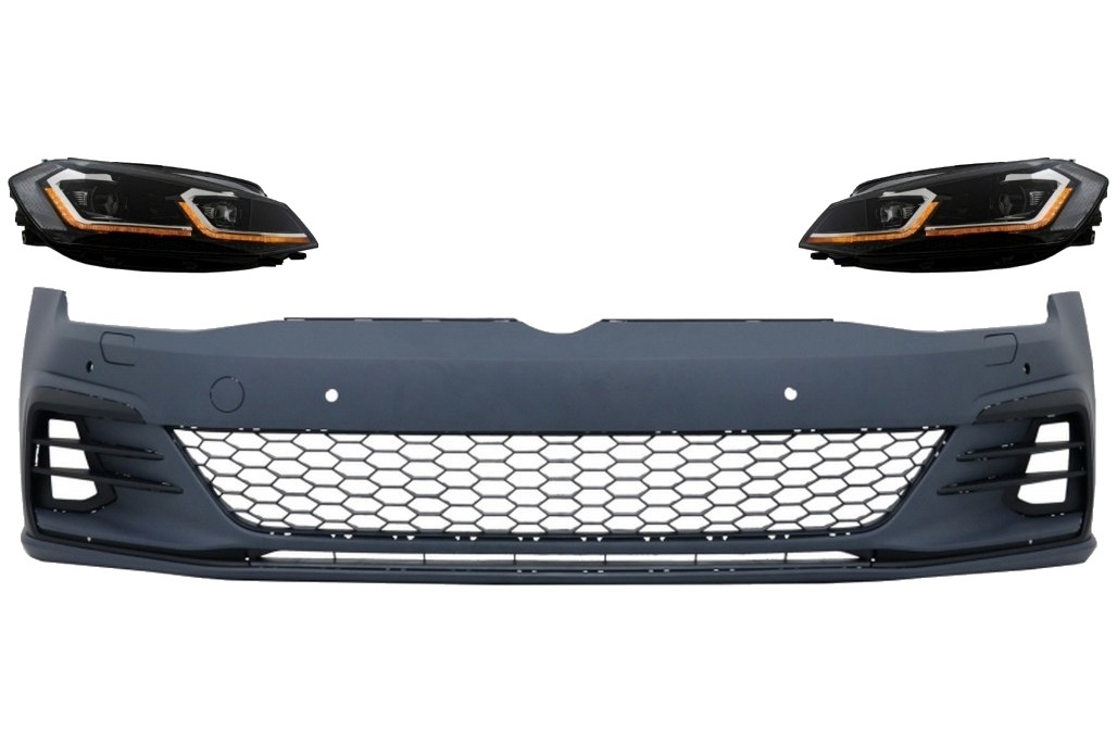 Első lökhárító alkalmas VW Golf VII 7.5 (2017-2020) és LED-es fényszórókhoz, szekvenciális dinamikus kanyarodólámpákhoz, GTI Look RHD