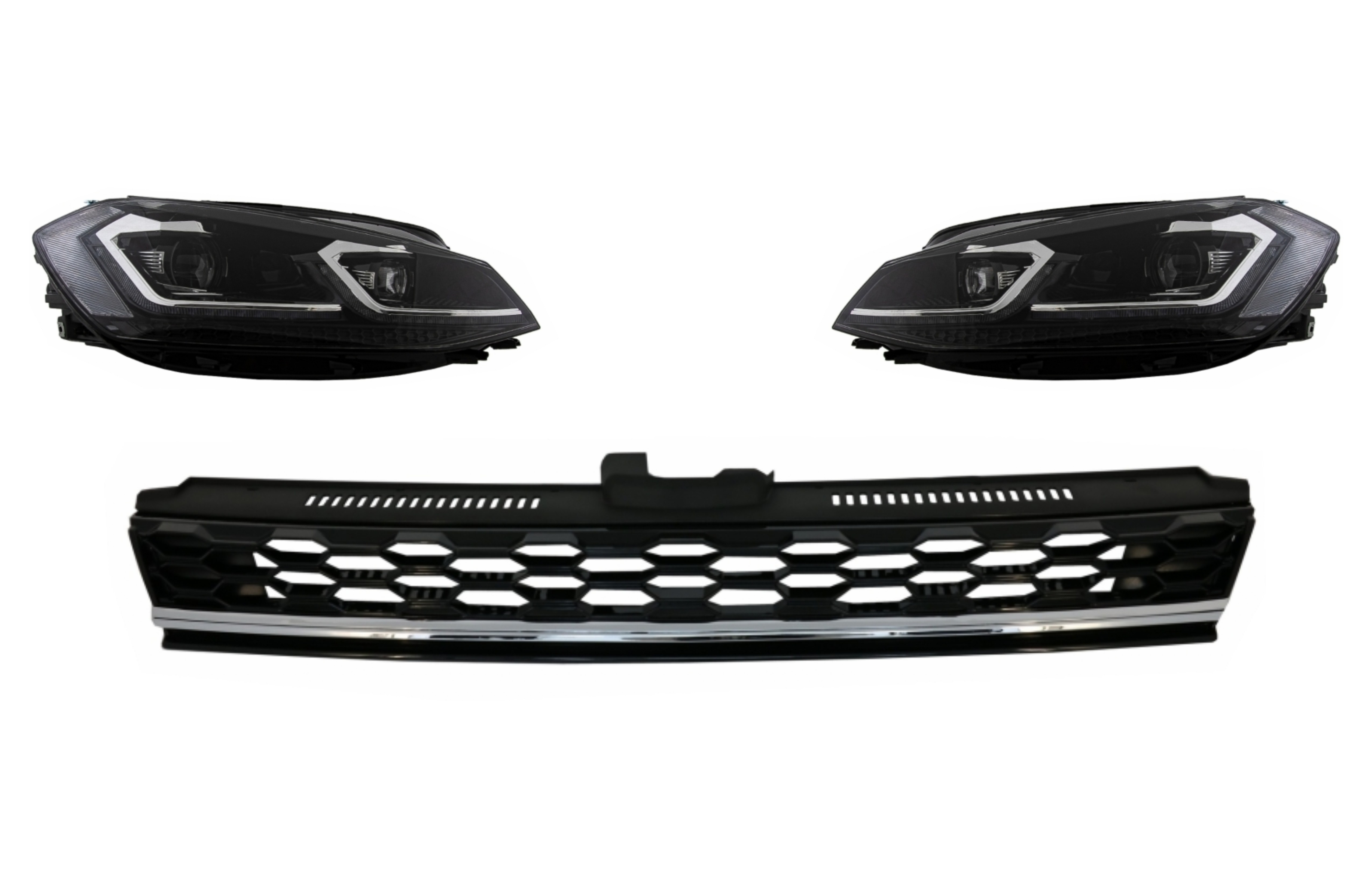 Központi jelvény nélküli hűtőrács LED-es fényszórókkal Bi-Xenon szekvenciális dinamikus kanyarodó lámpák VW Golf 7.5 Facelifthez (2017-től) GTI Design Chrome