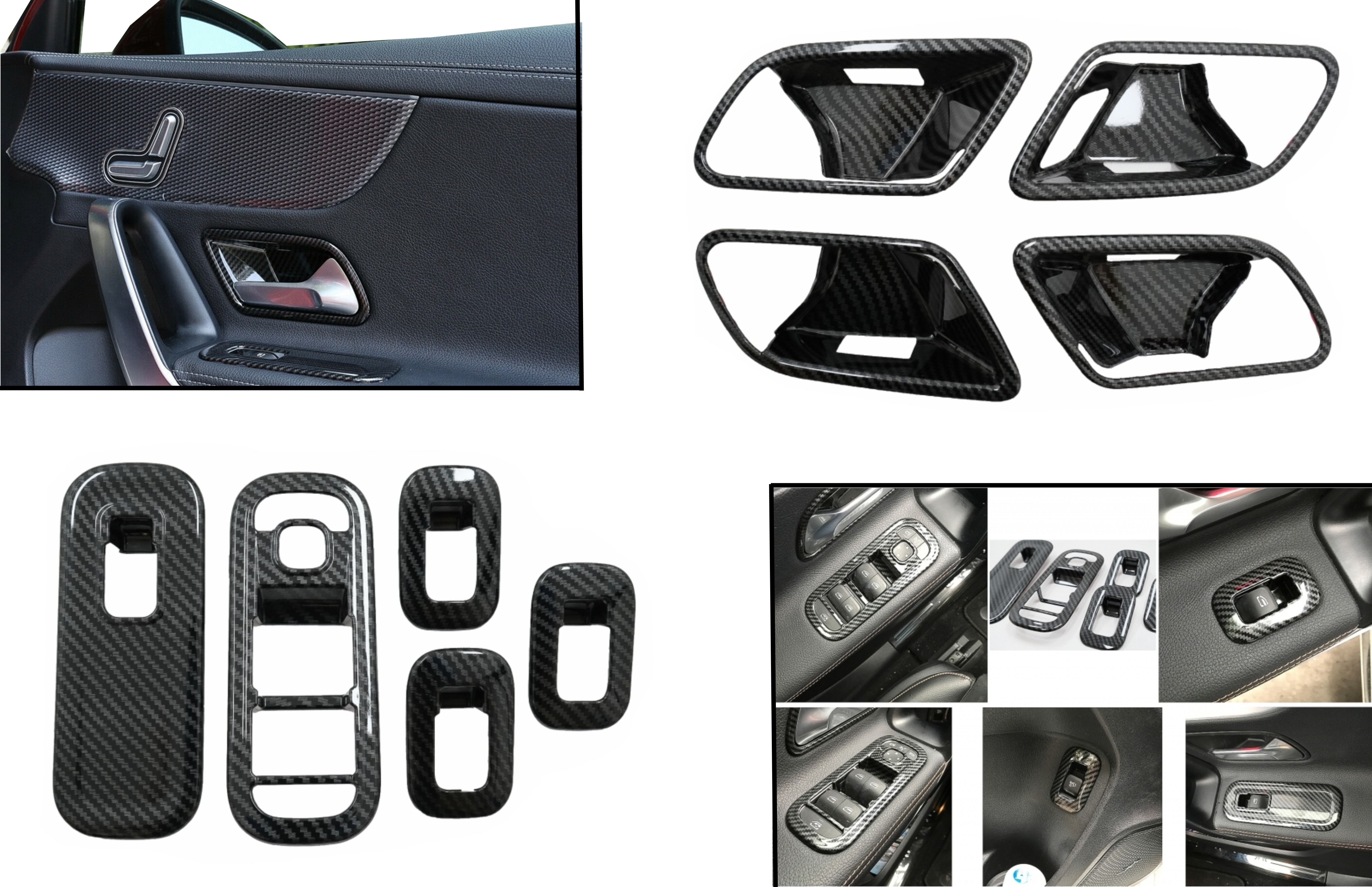 Autóablak-emelő kapcsoló gomb burkolat burkolat belső ajtófedél burkolat fogantyú tálkárpittal alkalmas Mercedes A-osztály W177 V177 (2018-Up) LHD Carbon