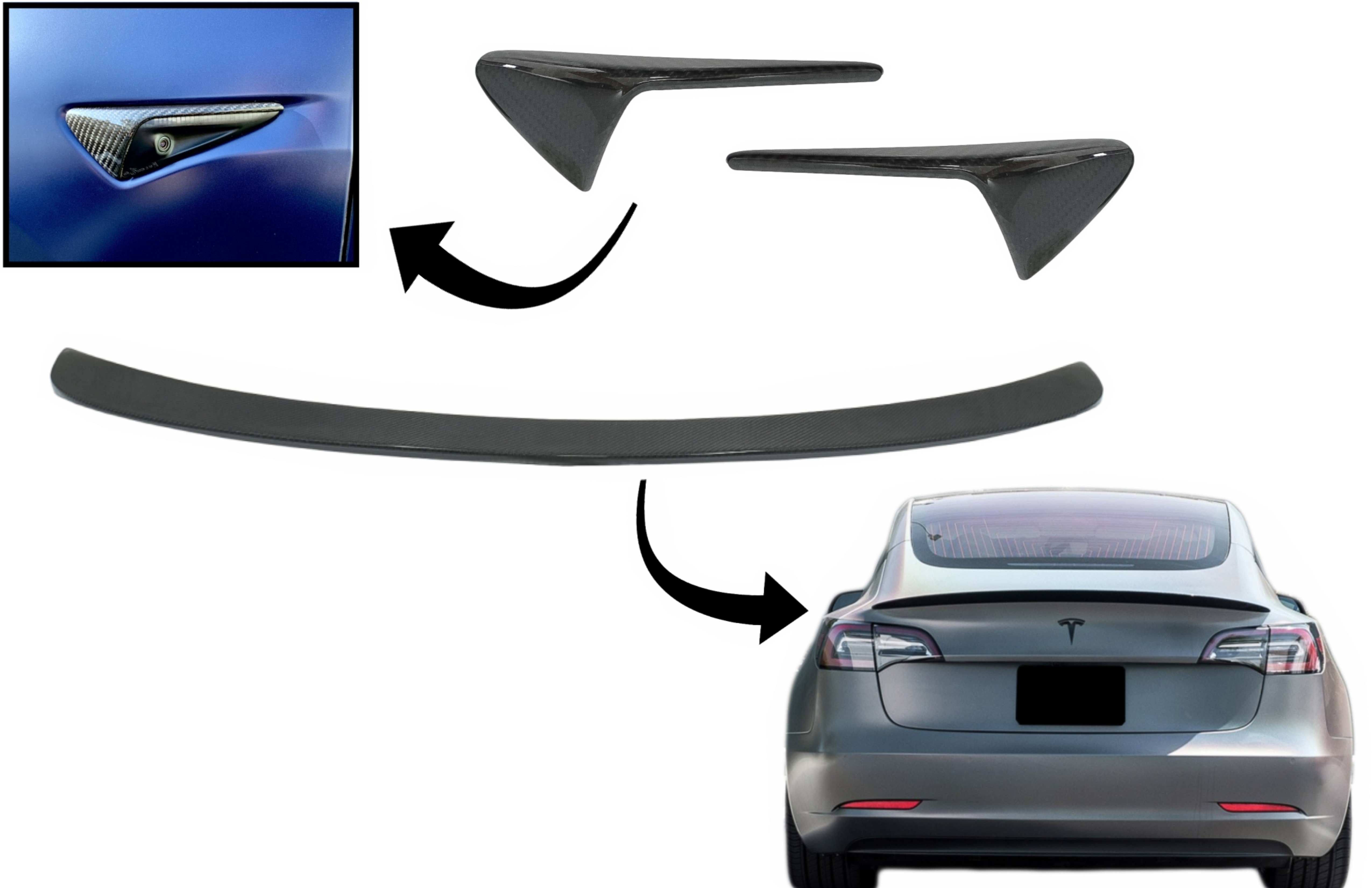 Csomagtér légterelő irányjelző burkolatokkal oldalsó jelzőkkel, a Tesla Model 3 (2017-től felfelé) valós karbonhoz
