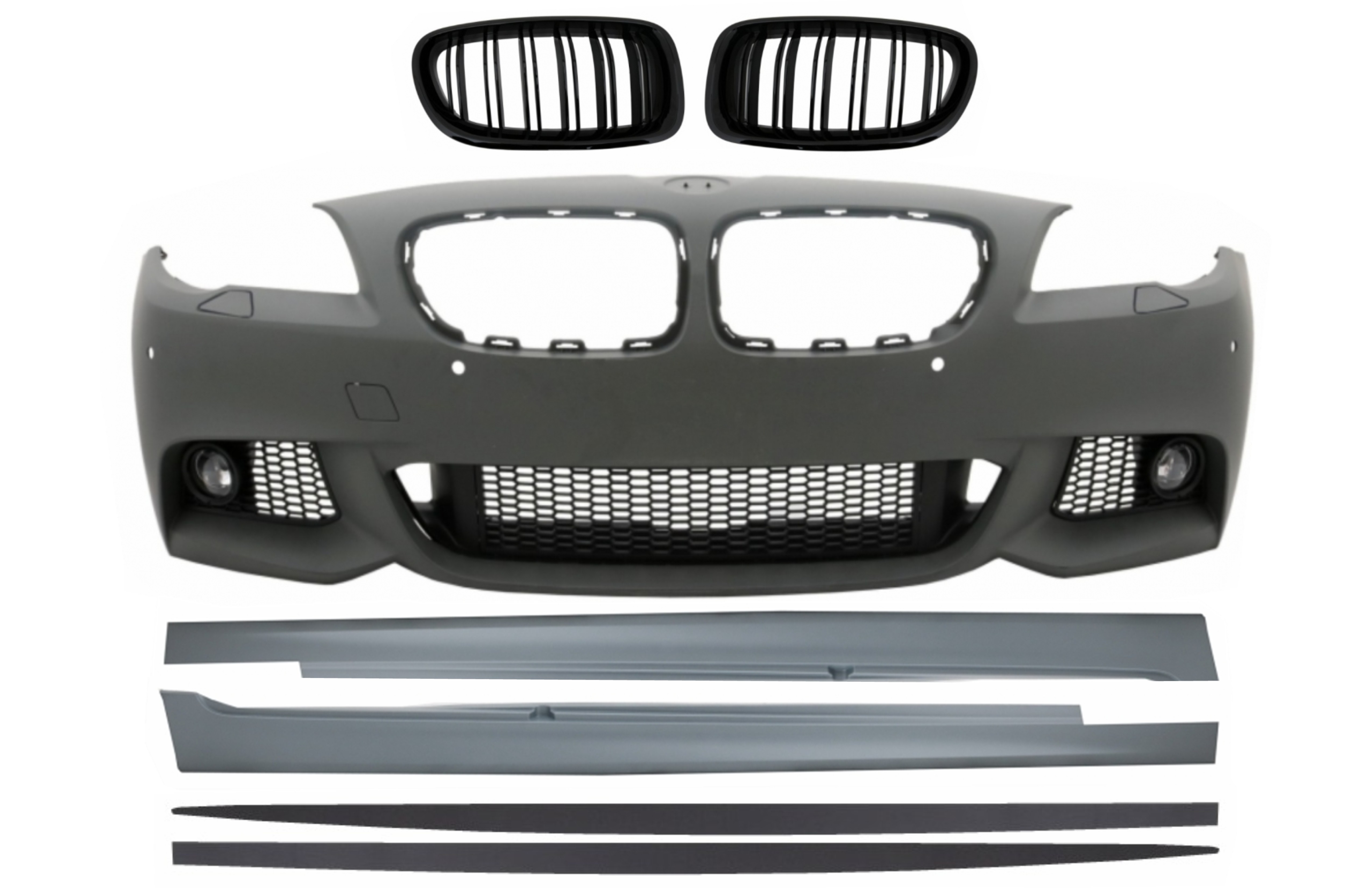 Első lökhárító központi rácsokkal, vese alkalmas BMW 5-ös sorozatú F10 F11 Non LCI (07.2010-2013) és oldalszoknyák Sedan Touring M-Technik Design számára