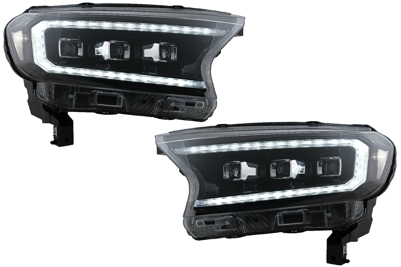 Fényszórók LED-es fénysáv dinamikus indító kijelző, amely a Ford Ranger Raptor (2015-2020) LHD teljes fekete házhoz, szekvenciális dinamikus kanyarodófény-mátrix projektorral