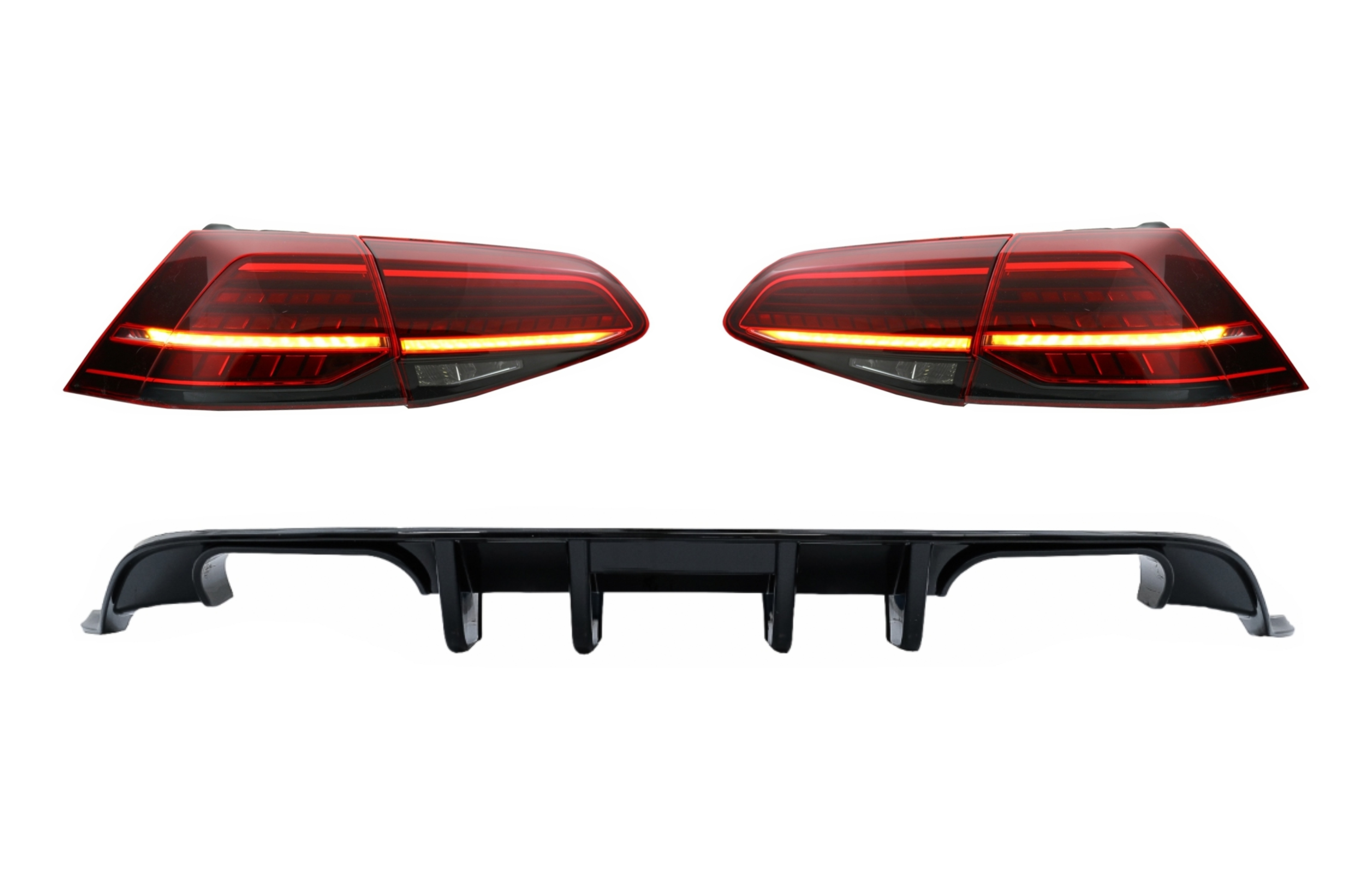 Hátsó lökhárító légbefúvó teljes LED-es hátsó lámpákkal, dinamikus szekvenciális kanyarodó lámpákkal, sötét cseresznyepiros VW Golf 7.5 (2017-2019) R Look modellhez
