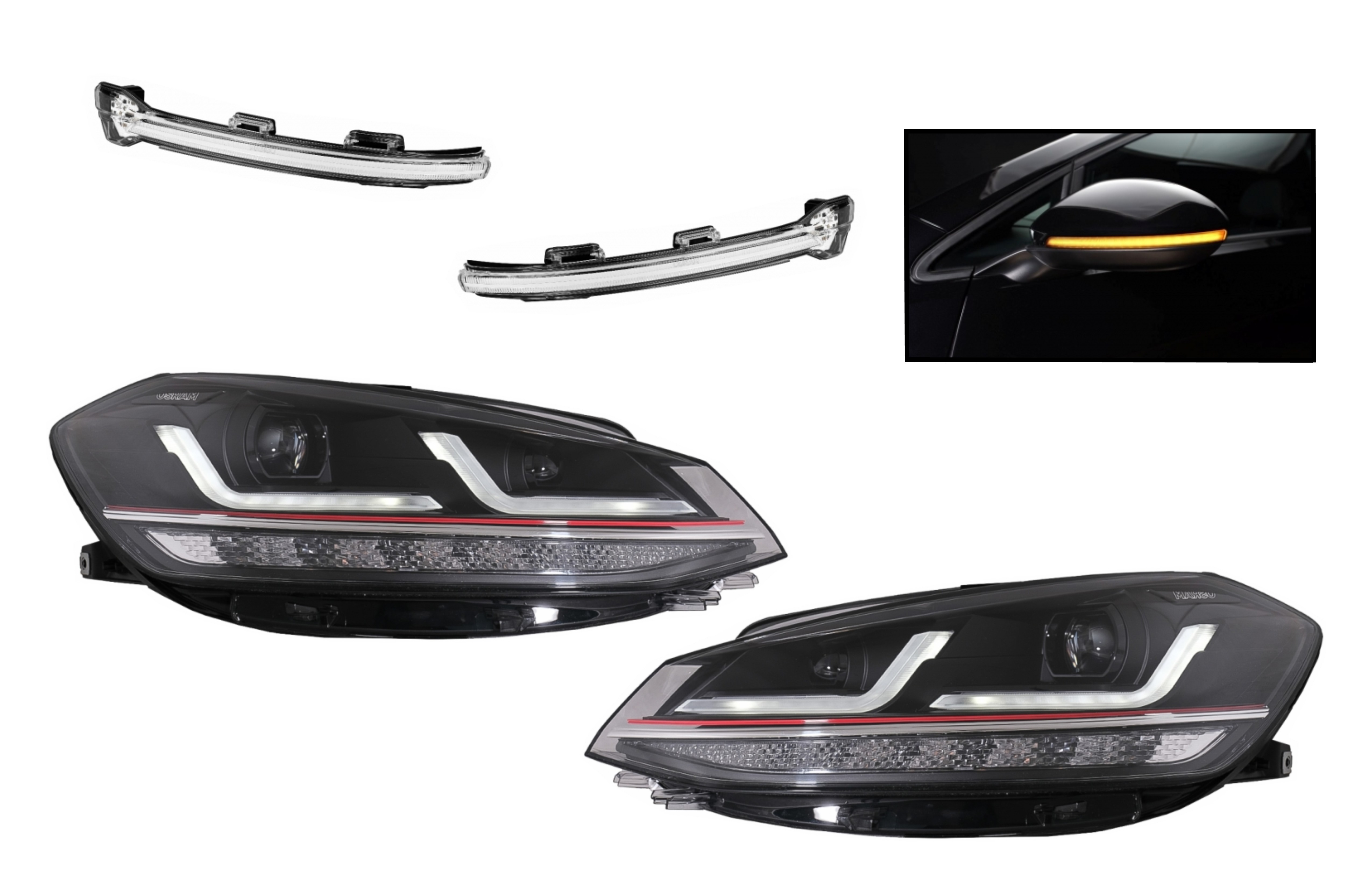 Osram Full LED fényszórók dinamikus Full LED tükörjelzőkkel LEDriving VW Golf 7.5 Facelifthez (2017-2020) GTI Look frissítés halogénhez dinamikus szekvenciális kanyarodó lámpákkal