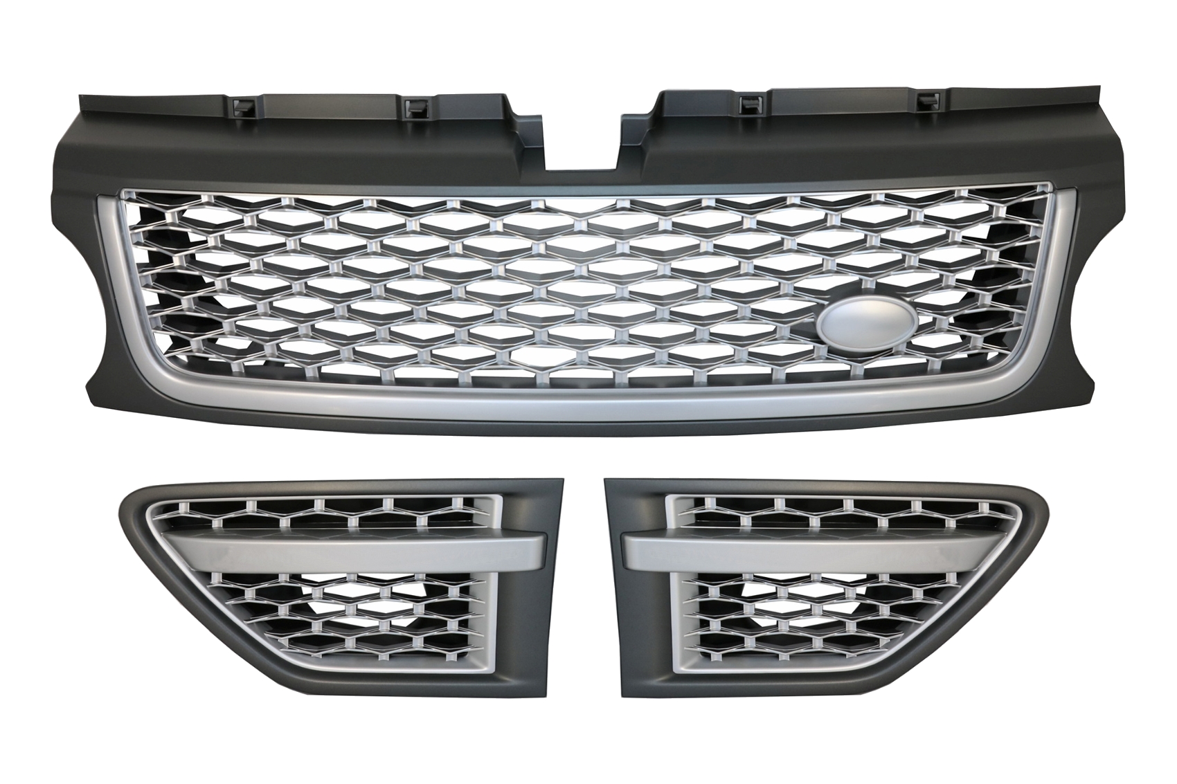 Központi hűtőrács és oldalsó szellőzőnyílások szerelvény, amely alkalmas a Range Rover Sport Facelift (2009-2013) L320 Önéletrajzi Look FULL Silver Edition termékhez