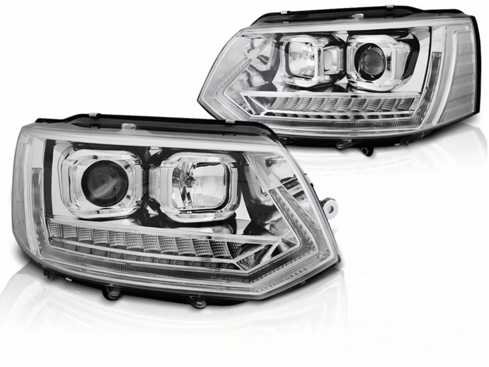 LED DRL csöves fényszórók VW Transporter T5.1 (2010-2015) modellhez, dinamikus irányjelzőkkel, króm
